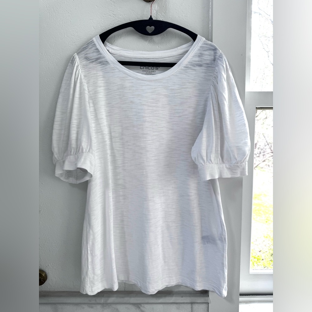 Chico’s White Cotton Tee Balloon Sleeve Top Size 1 (US Medium 8-10) Short Sleeve